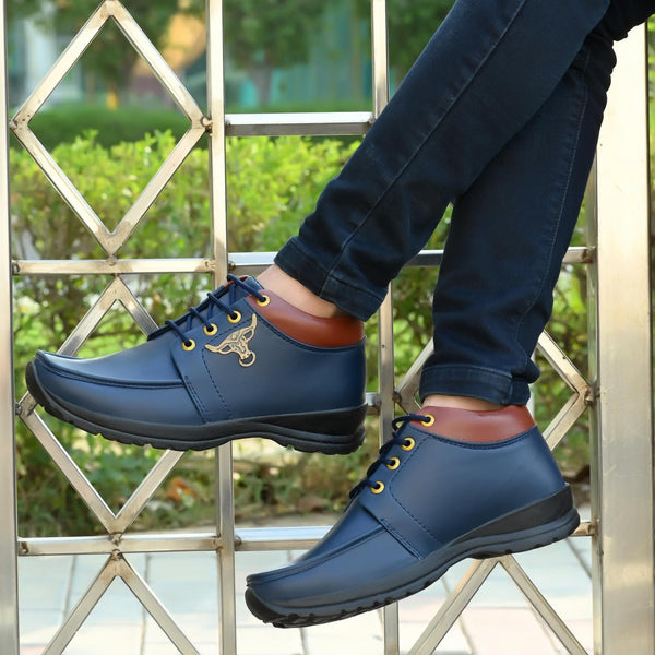 Men's Synthetic Leather Lace Up Boot Slide Casual Shoe Blue